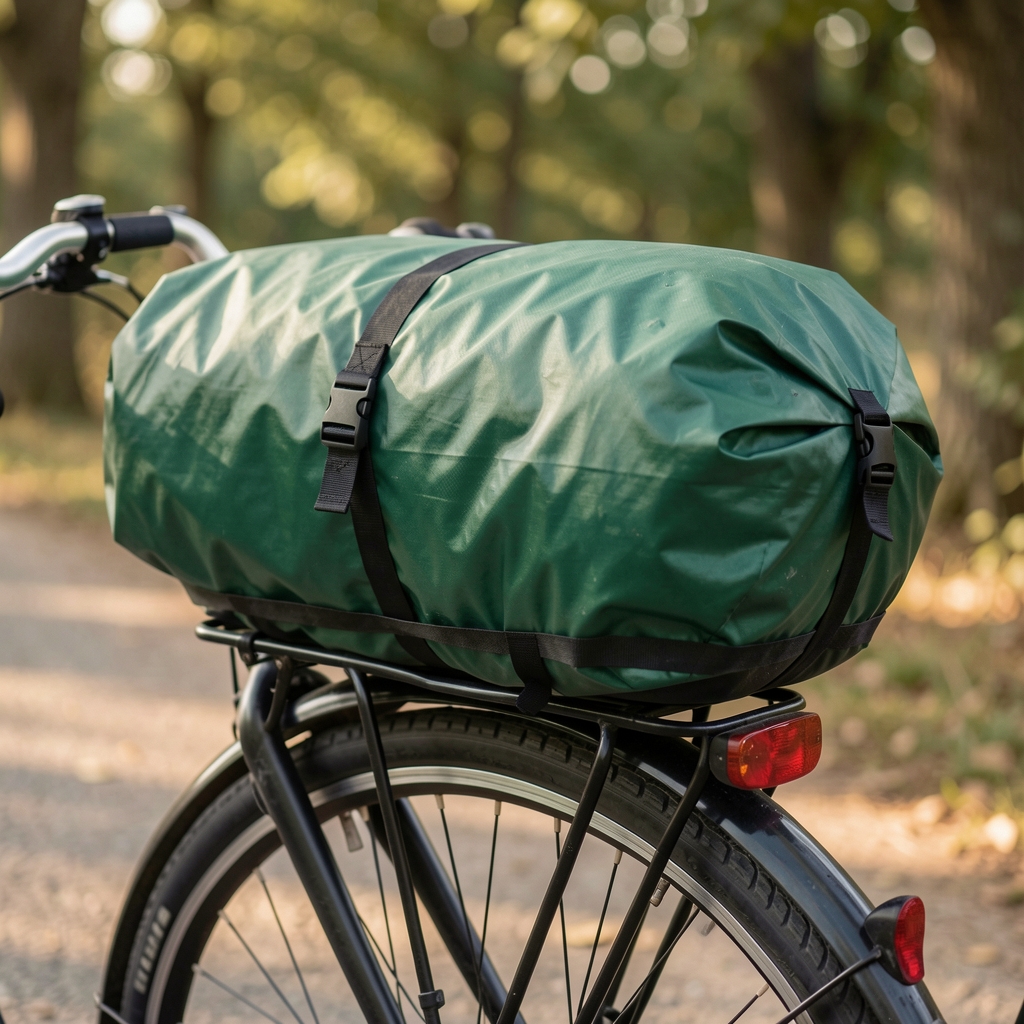 Alforja lateral impermeable color verde colocada sobre un portaequipaje de bicicleta vacía