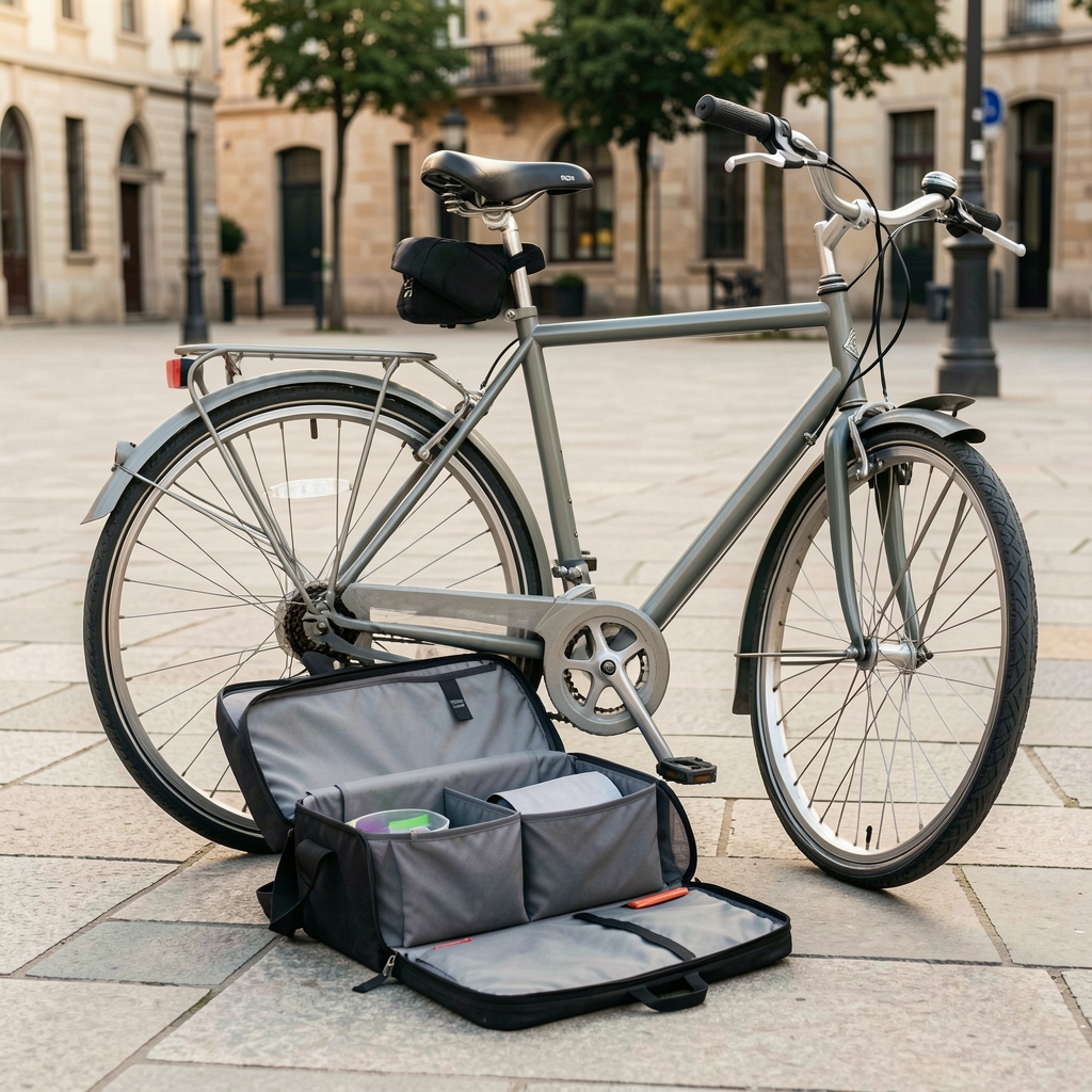 Bolso de bicicleta abierto con compartimentos junto a una bicicleta urbana estacionada en una plaza vacía