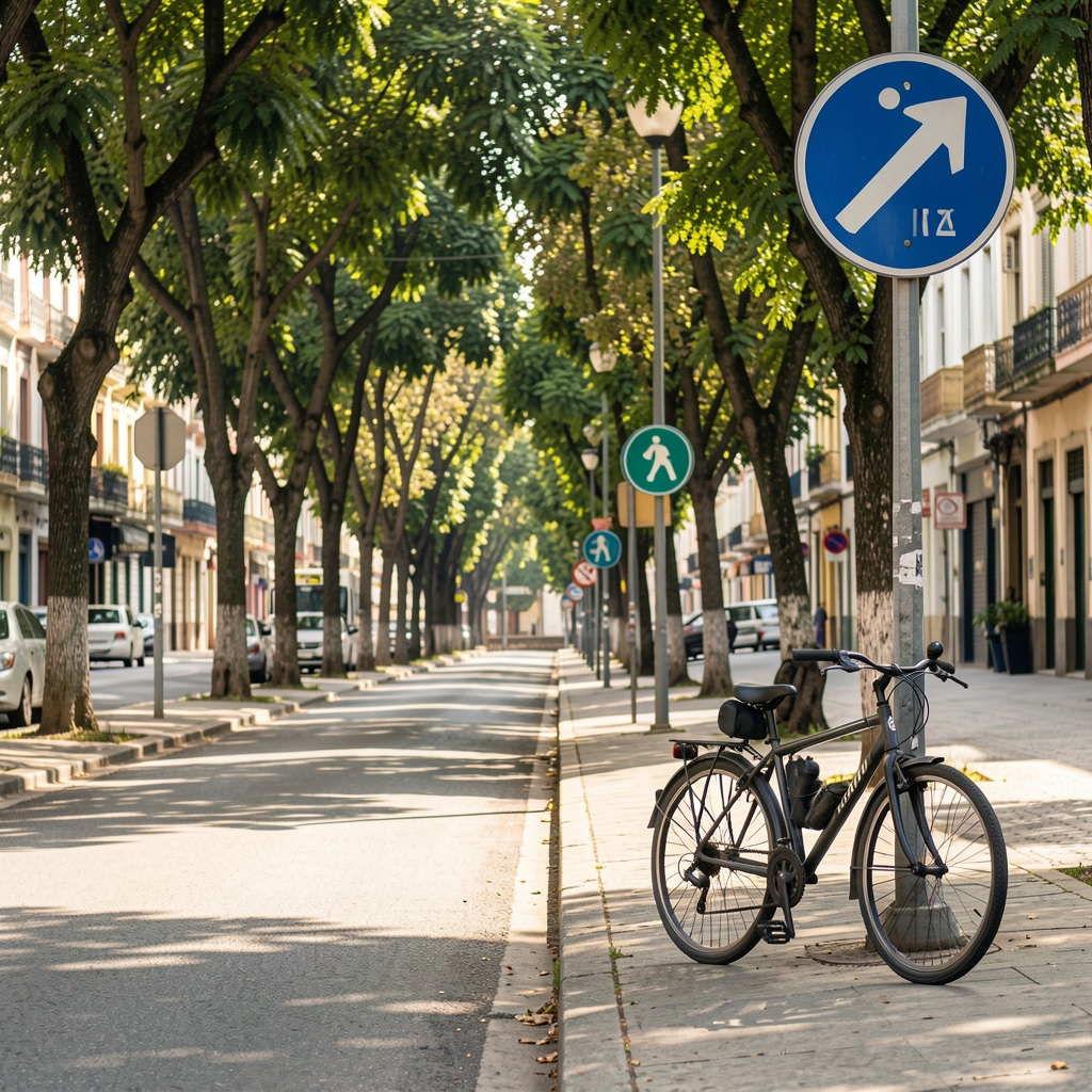 Ciclovía de Buenos Aires vacía con árboles, señalización y bicicleta apoyada sin personas