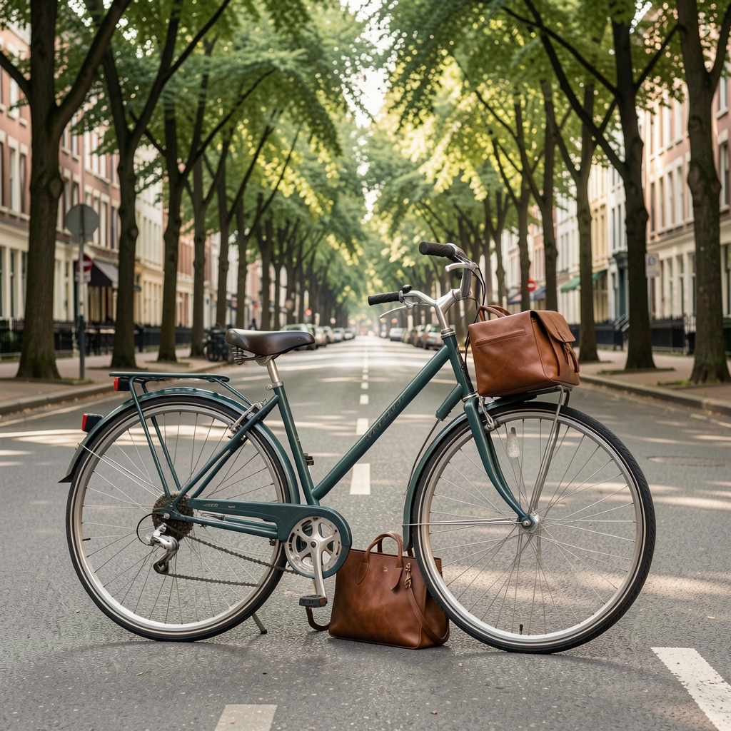 Bicicleta urbana sin personas junto a un bolso de cuadro y una calle arbolada vacía