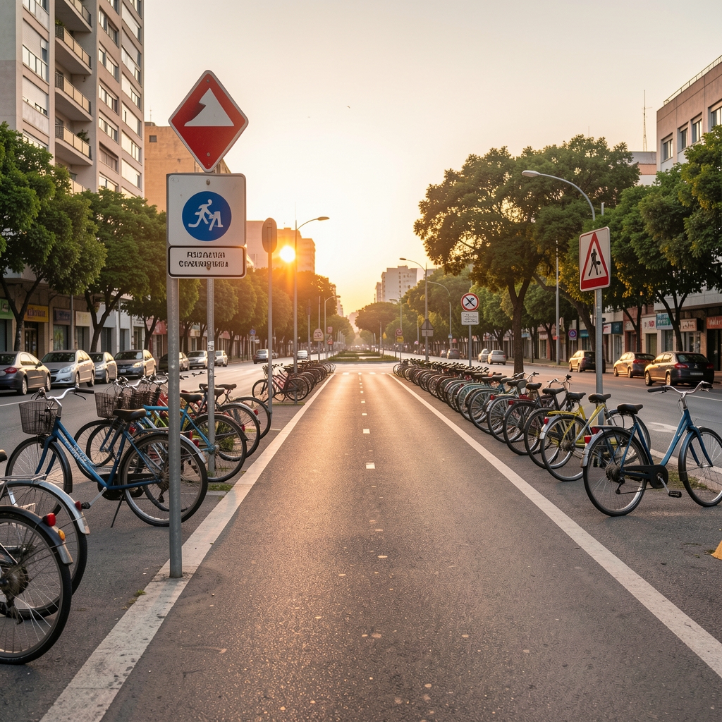 Ciclovía urbana vacía al amanecer con señalización y bicicletas estacionadas sin personas