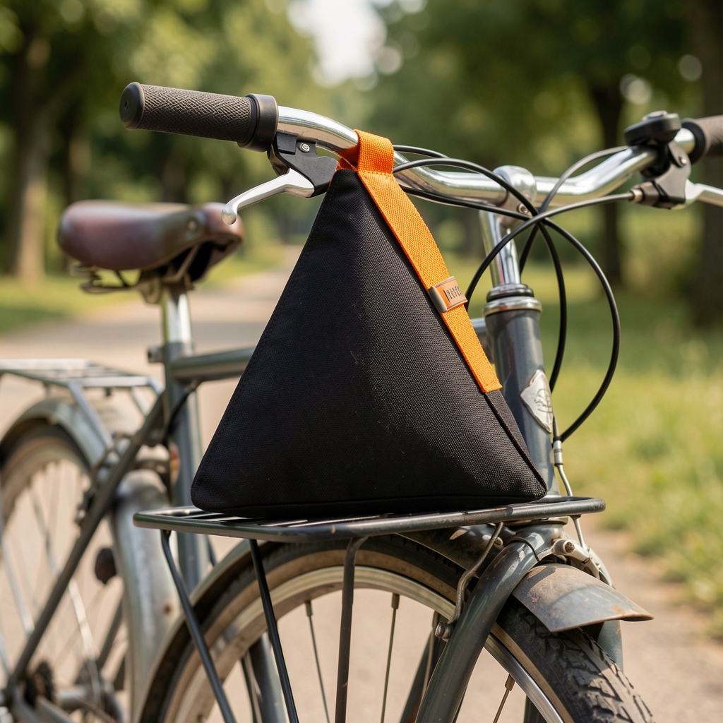 Bolso triangular de cuadro negro con cierre naranja colocado en bicicleta vacía