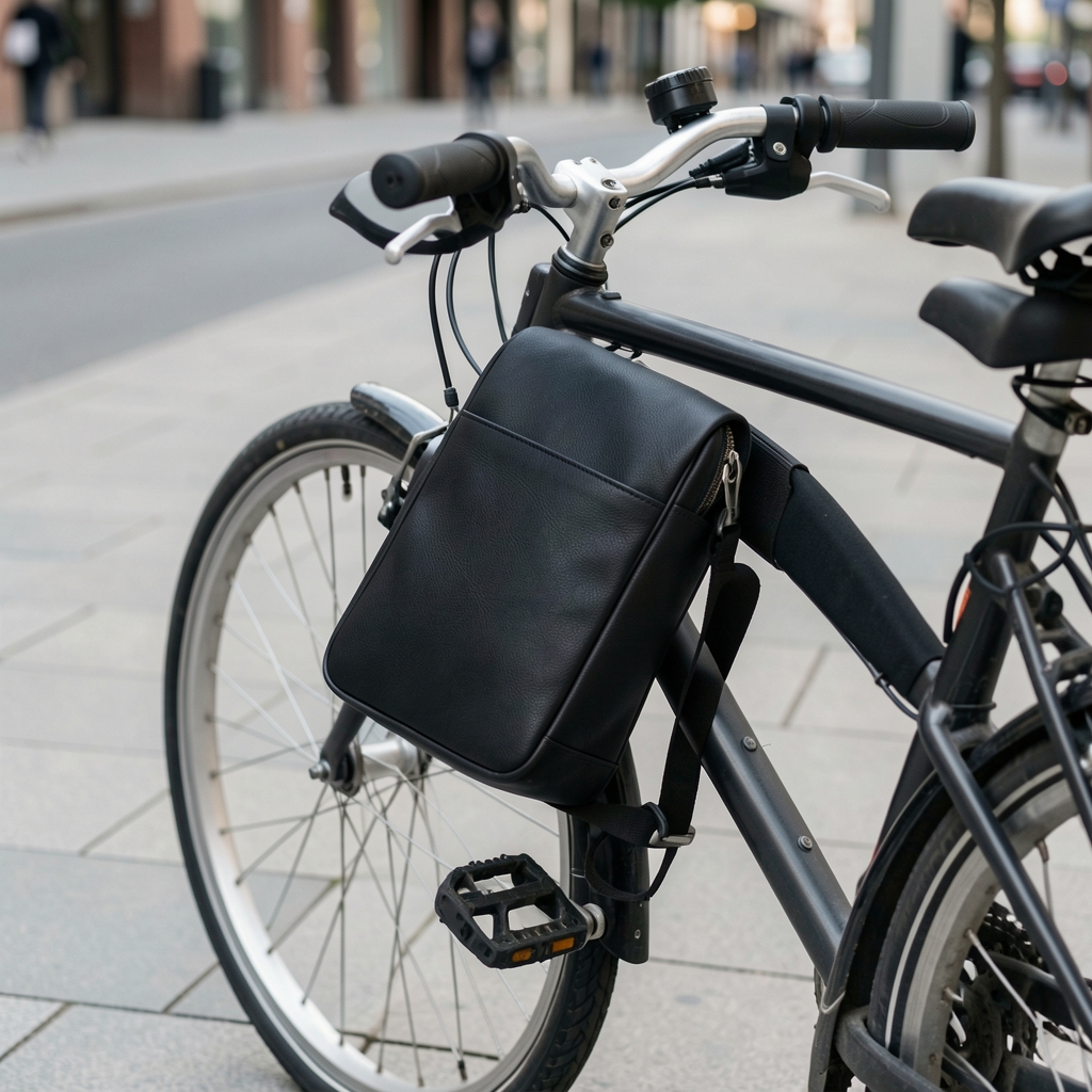 Bolso compacto negro sujeto al cuadro de una bicicleta urbana sobre pavimento limpio