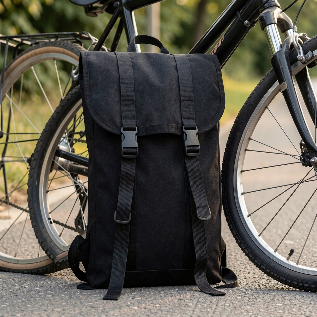 Bolso de sillín negro con cierre y correas apoyado junto a una rueda de bicicleta