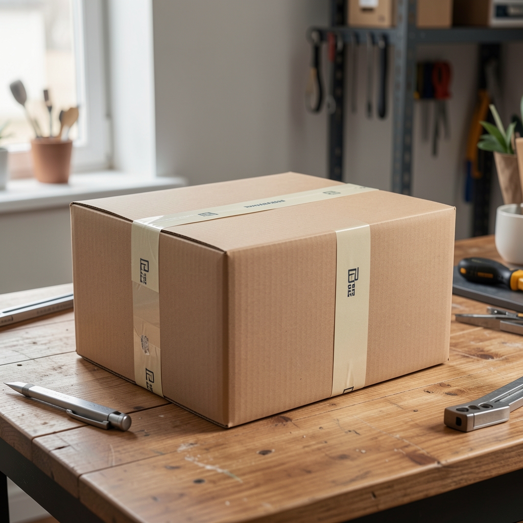 Caja de cartón cerrada con cinta de embalaje lista para despacho sobre mesa de trabajo