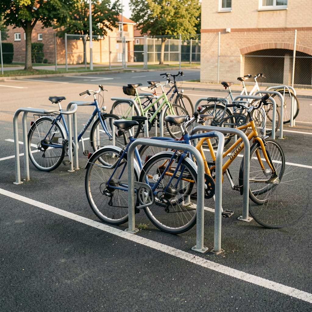 Zona de estacionamiento para bicicletas en Buenos Aires sin personas con soportes metálicos ordenados