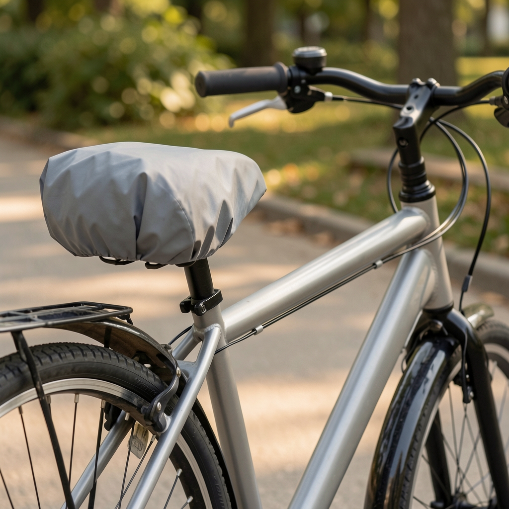 Funda impermeable gris cubriendo el asiento de una bicicleta estacionada