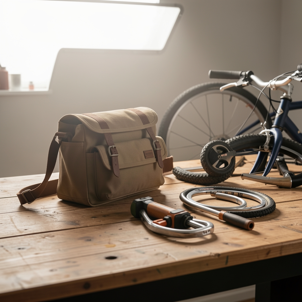 Mesa de trabajo con bolso de manillar, luz trasera y candado de bicicleta ordenados para comparación