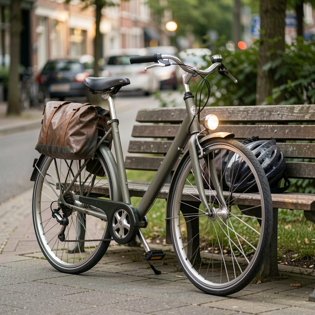 Bicicleta urbana estacionada junto a un banco con bolso impermeable, luz y casco sin personas