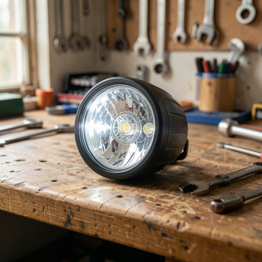 Luz delantera recargable para bicicleta apoyada sobre una mesa de taller de madera