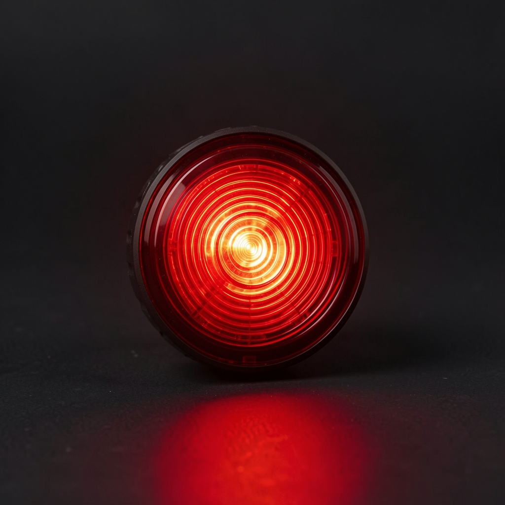 Luz trasera roja recargable para bicicleta apoyada sobre una superficie oscura sin personas