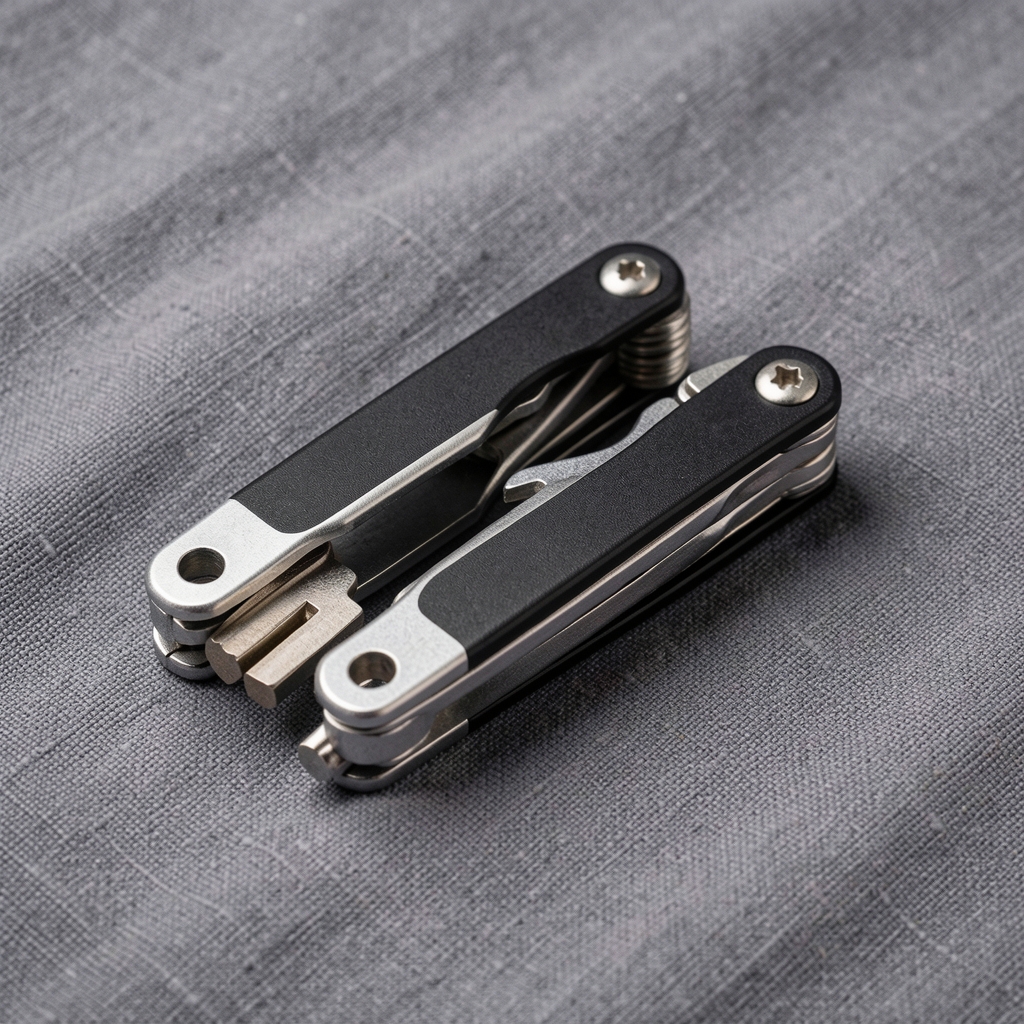 Multiherramienta plegable para bicicleta con llaves hexagonales sobre paño gris sin personas