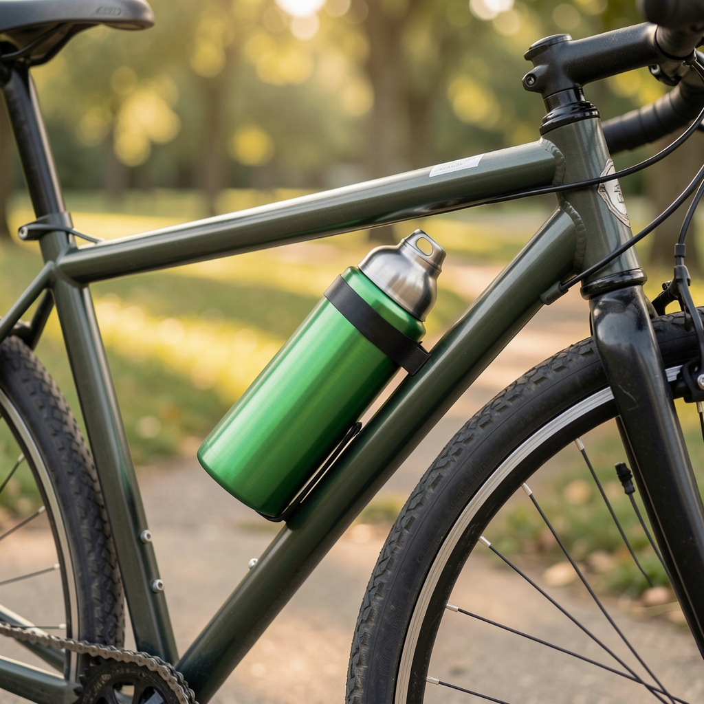 Portabotella de aluminio verde montado en el tubo diagonal de una bicicleta sin botella ni personas