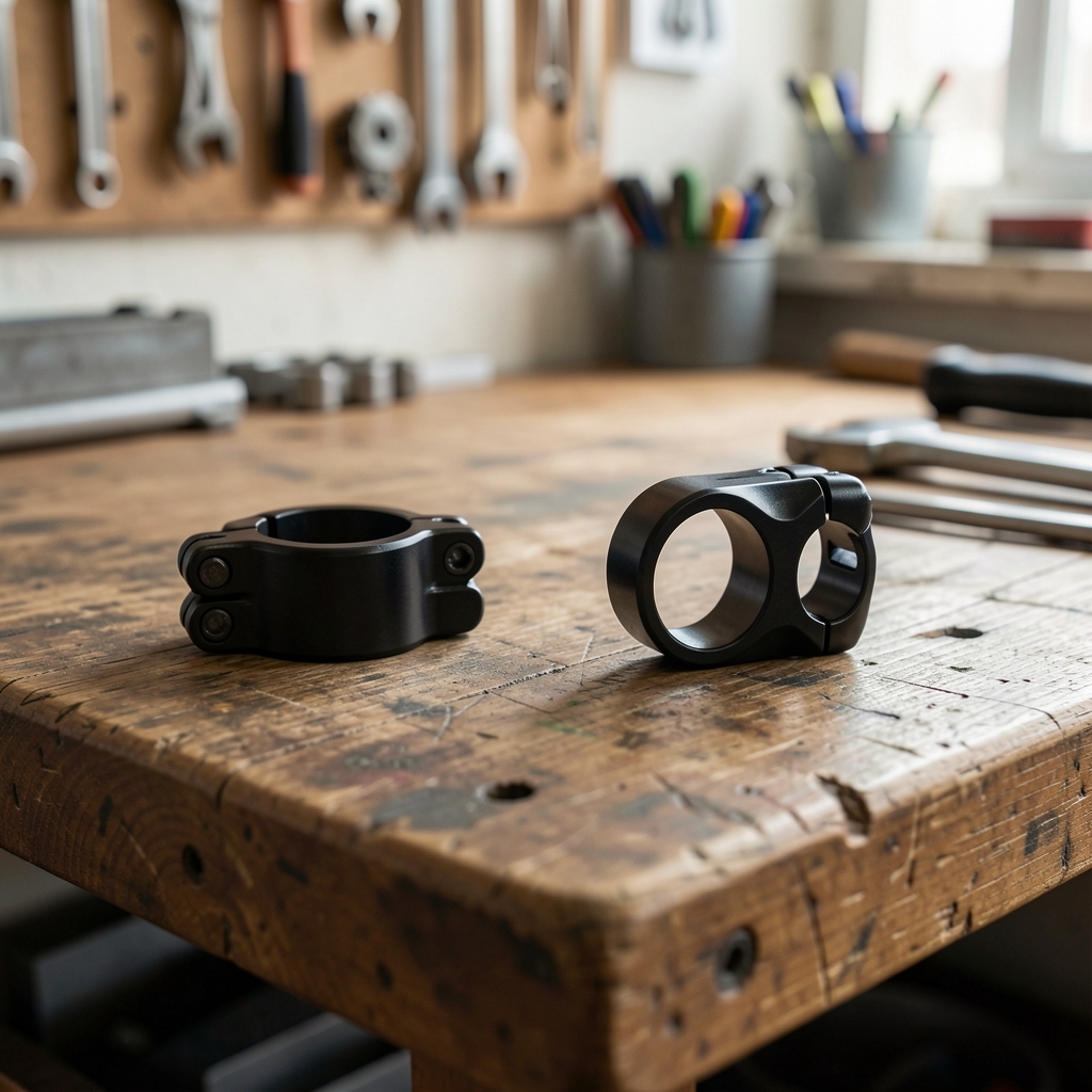 Timbre metálico negro para bicicleta junto a su abrazadera sobre mesa de taller vacía