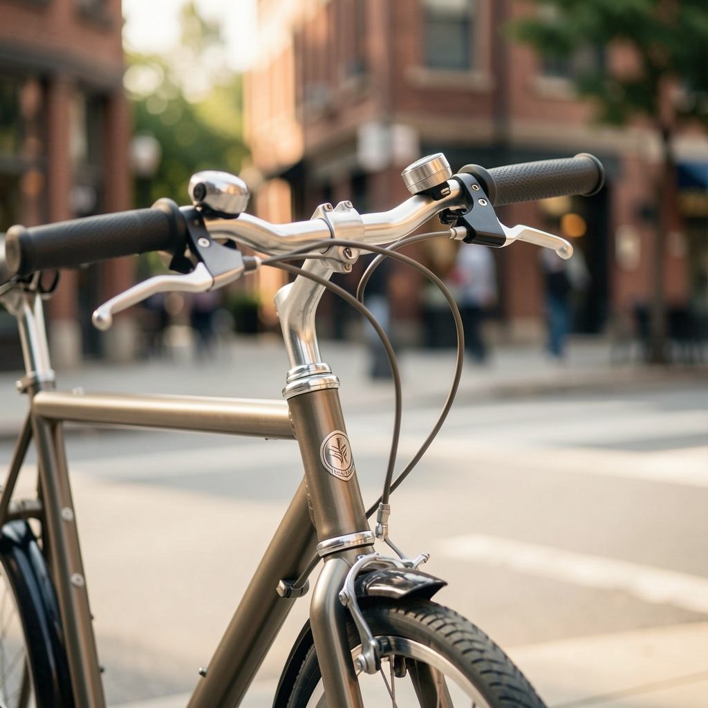 Timbre metálico instalado en el manillar de una bicicleta urbana