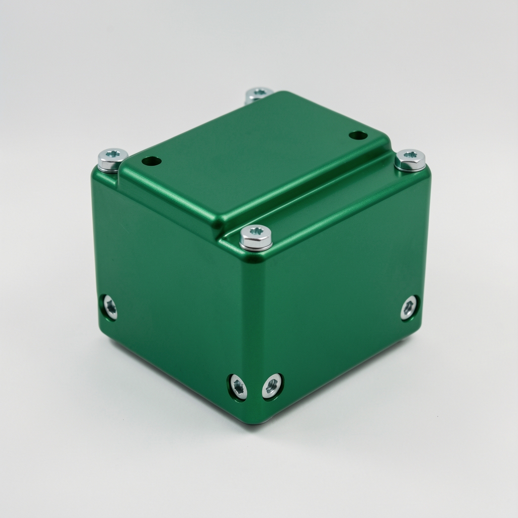 Portabotella de aluminio verde aislado sobre fondo claro con tornillos de montaje visibles